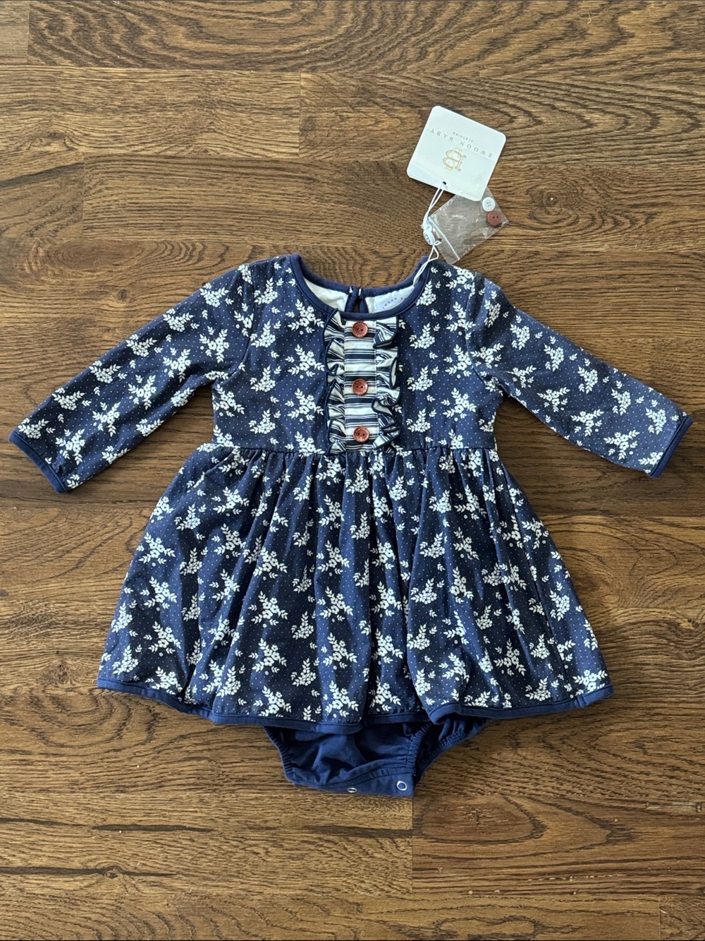 New With Tags Swoon Baby Clothing Girls Blue Floral Dress with Button Detail